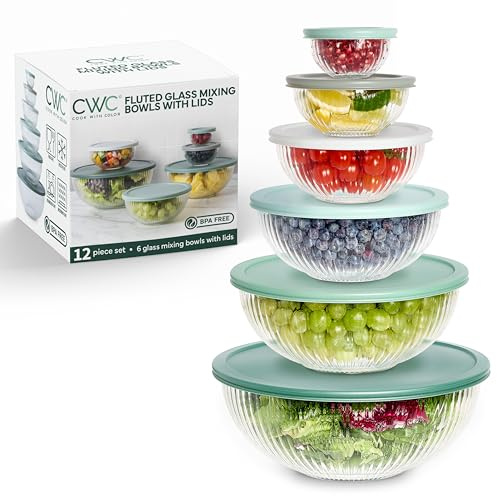 COOK WITH COLOR 12 Pc Glass Mixing Bowl Set with Lids – Borosilicate Glass Nesting Bowls for Cooking, Baking and Meal Prep, Fluted Sage