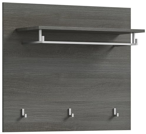 Newroom Garderobenpaneel Rauchsilber Weiß Hochglanz Wandgarderobe Flur | mit Ablage Kleiderstange und Hakenleiste, Flurgarderobe schmal, Garderobe für Diele und Vorzimmer, modern elegant
