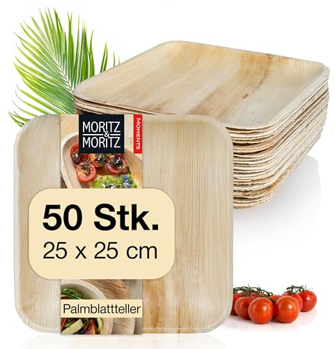 Moritz & Moritz Palmblatt Teller eckig 25 x 25 cm - 50 Nachhaltige Einwegteller - Alternative zu Bambusteller und Bambusgeschirr