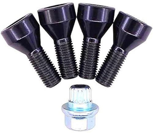 Locking Wheel Bolts Nuts Set, 4+1 M12 x 1.5mm, Black Steel Long Locking Nuts Wheel Bolt, Lock Lug Nut Tool Set with Key, for BMW 1 3 5 Series E46 E87 E60 36136786419 36131180882
