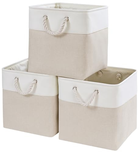 Mangata Cubo portaoggetti in tessuto, 25 x 25 x 25 cm, per indumenti/mensola, colore: beige chiaro/bianco, 3 confezioni