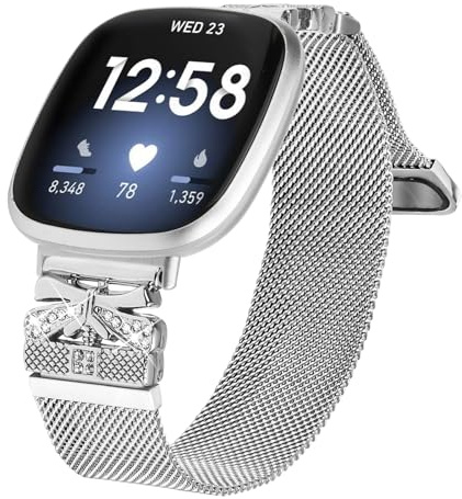 Gimuk Armbänder kompatibel mit Fitbit Versa 4/Sense 2 Armband für Damen und Herren, verstellbares Metall Edelstahl Mesh Loop Bling Armband Ersatzband für Fitbit Versa 4/Versa 3/Sense