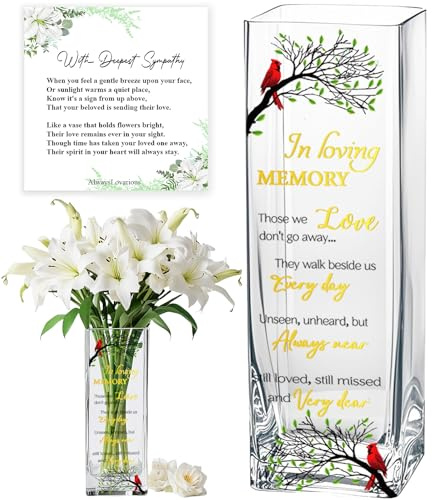 Sympathy Memorial Flowers Vase, Cardinal Grief Gifts for Loss of Love One, Funeral Glass Vase, in Loving Memory Comfort Heaven Gift, Best for Condolence, Bereavement, Remembrance, Celebration of Life