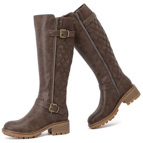 Ruiee Women's Platform Knee High Boots Stitching Calf Riding Flat Boot Low Heeled Long Tall Winter Fall Fashion Dressy Boots for Women., Brown Pu 267, 6 UK