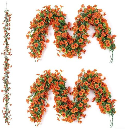 Allthingstore Lot de 2 guirlandes de fleurs artificielles à suspendre pour mariage, jardin et décoration intérieure, 1,8 m de long (orange)
