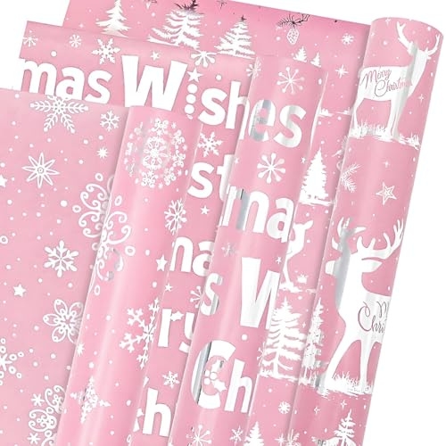 3 Rollen Geschenkpapier Weihnachten, rosa und silberner Metallfolie Weihnachtsgeschenkpapier für Frauen Mädchen, glänzendes Schneeflocken Rentieren Geschenkpapier für Weihnachten, Partys, 43 cm x 3 m