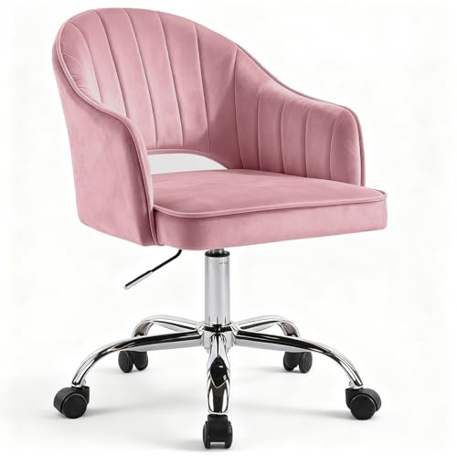 Fiximaster Schminkstuhl, Schminktisch Stuhl, SamtStuhl, Drehstuhl, U-förmiger Tiefsitz, Höhenverstellbar, Ergonomischer, für Arbeitszimmer, Schlafzimmer, bis 113 kg belastbar (PINK)