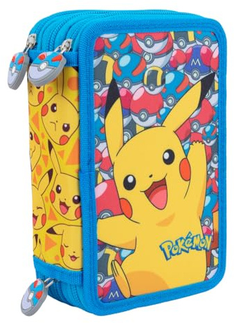 Pokémon Pikachu – Estuche escolar triple con 3 compartimentos con cremallera | Portalápices para niños primarios y medianos – Gráficos coloridos y resistentes [amarillo]