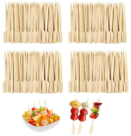 400 Pieces Bamboo Paddle Skewers, 12 cm Wooden Skewers Food Stick Flat, Sturdy and Smooth, Food Appetizer Toothpicks, Natural Wooden Paddle Skewer for Fruit Kabobs Sausage, Cocktail Sticks, Barbecue