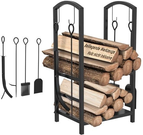 Suusolny Étagère à bois de cheminée avec 4 accessoires de cheminée, 2 niveaux, rangement en bois résistant aux intempéries, aide à l'empilage du bois de cheminée pour salon, couloir, terrasse