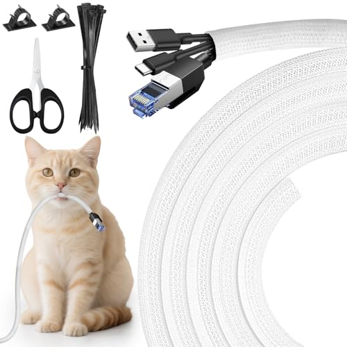 CoKeeSun Kabelschläuche 3 Meter-10mm, 14 Stück Hund und Katze Kabelschutzgitter Set, Flexibler Textilien Kabelmantel, Kabelmanagement für Schreibtisch, TV, Computer, PC, Kabelschutz, Weiß