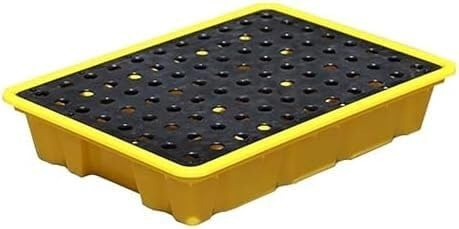 Robust, modulär uppsamlingsbricka med dräneringsbehållare – gul och svart – 49 x 35 x 9,5 cm, lämplig för att isolera olja, kemikalier och vätskeutlopp.