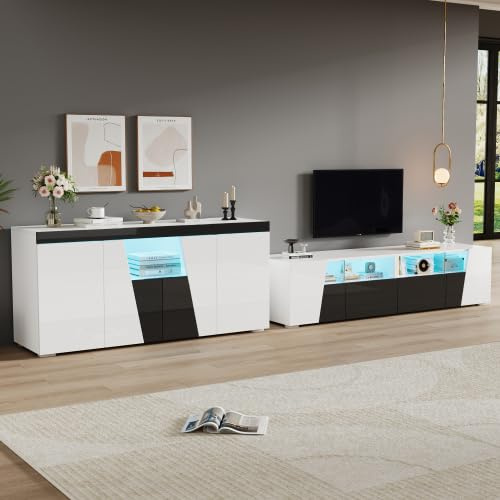 Merax TV Wohnwand Set mit LED-Beleuchtung – 180 cm TV Schrank, 140 cm Lowboard & Sideboard, Hochglanz Schwarz-Weiß für Fernseher bis 80 Zoll – Modernes Wohnzimmer Möbel Set