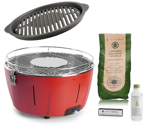 InstaGrill | Barbecue da Tavolo o Balcone a carbonella con Griglia in Ghisa. Barbecue Portatile, da Campeggio con Batteria Ricaricabile, Carbone e Gel per accensione. ADVANCED Rosso Corallo