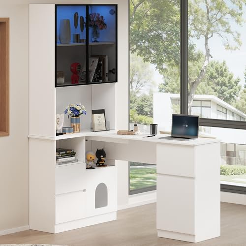BTM Eckschreibtisch mit Regal und LED-Vitrinenschrank Schreibtisch mit Schubladen, Bücherregal, Kabeldurchlass und Haustierfach Weiß
