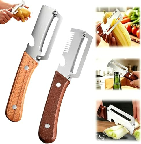 5 en 1 Éplucheur de légumes multifonction pour la cuisine avec lame en acier inoxydable ultra-aiguisée et manche en bois ergonomique, Décapsuleur, Écailleur à Poisson et Coupe-Oignon (2PCS-MIX)