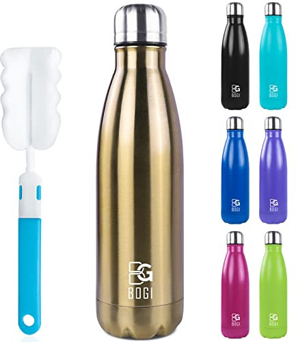 BOGI 17oz Insulated Water Bottle Double Wall Vacuum Stainless Steel Bottle Leak Proof keeps Hot and Cold Drinks for Outdoor Sports Camping Hiking Cycling, Comes with a Cleaning Brush Gift (Champagne)