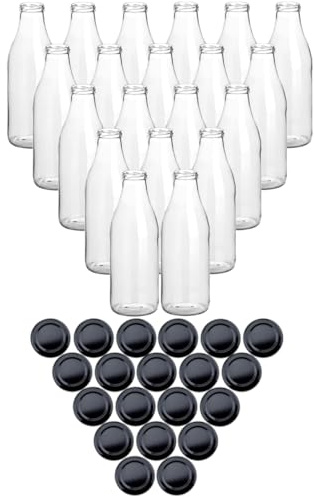 gouveo Lot de 20 bouteilles de jus 1000 ml avec couvercle à visser noir - Grande bouteille en verre de 1 l - Avec bouchon TO48 - Bouteille vide à remplir (SF1000SZ)