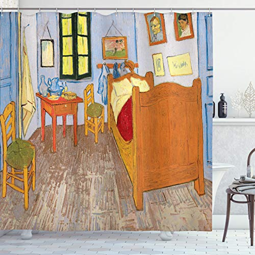 ABAKUHAUS Arte Tenda da Doccia, Pittura di stanza interna, Tessuto Set di Decorazioni per il Bagno con Ganci, 175 x 200 cm, Marrone Blu Arancione
