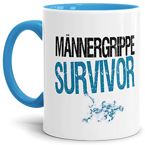 Lustige Tasse für den Mann Männergrippe Survivor - Geschenk-Idee/Witzig/Scherz-Artikel/Innen & Henkel Hellblau