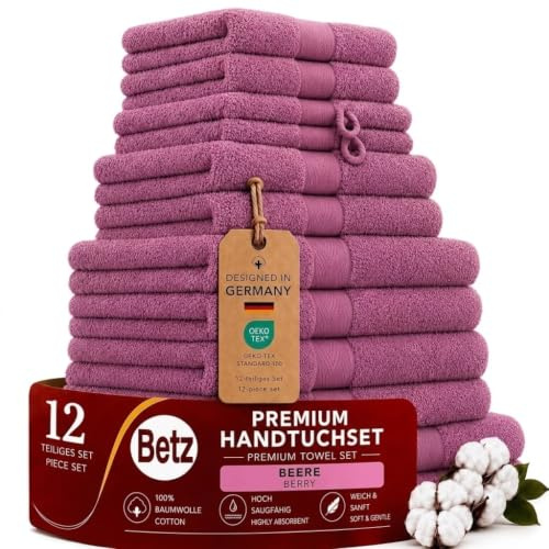 Betz Premium Handtuch-Set 12-teilig – 100% Baumwolle – Oeko-TEX® Zertifiziert – extra saugfähig & weich – hohe Grammatur – Duschtücher, Handtücher, Gästetücher & Waschhandschuhe - Farbe Beere