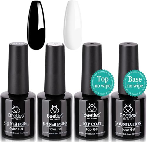 Beetles Gel Nail Polish Kit- 4Pcs 7.5Ml Black White Colors with No Wipe Top Coat and Base Coat Gel Polish Set, Shine Finish and Long Lasting, Soak Off LED Nail Gel Manicure DIY Nail Salon
