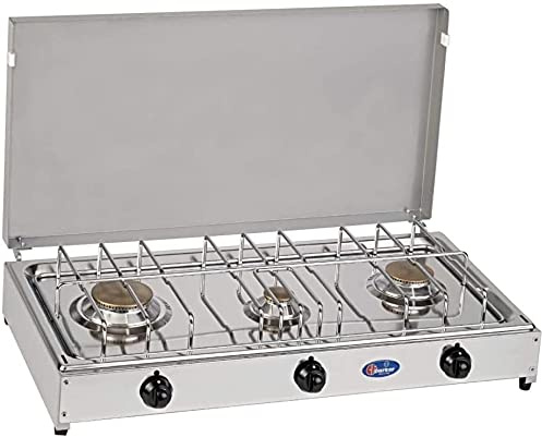 Hornillo de mesa Parker Gas GLP (bombones) 3 fuegos con plataforma de acero inoxidable con válvula de seguridad marco gris - Mod. 5523RSG