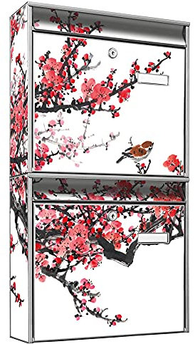 banjado Briefkastenanlage 2 Fach - 2 Briefkästen 36x64x10cm groß - Doppelbriefkasten Set - Namensschild, 2 Schlüssel, Montagematerial - Stahl verzinkt Silber - Motiv Blüte Japanisch