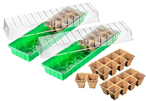 Meister Zimmer-Gewächshaus - 54 x 15 x 12 cm - 2 Stück - Mit Vertiefungen & Wasserrinnen - Inklusive 32 Anzuchttöpfe / Anzuchthaus für Samen & Setzlinge / Zimmer-Treibhaus / 9968210