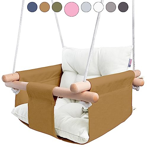 CaTeam - Columpio de Lona para bebé, Silla de Columpio Colgante de Madera con cinturón de Seguridad, Silla de Hamaca Duradera para bebé, Columpio para Exteriores e Interiores para niños, Ocre