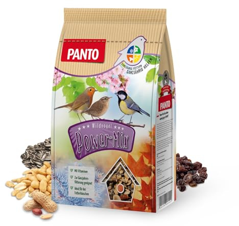 PANTO Power Mix 4x1,7 kg – Wildvogelfutter Streufutter, energiereich | Vogelfutter mit Sonnenblumenkernen, Erdnüssen, Rosinen & Getreideflocken – kraftvoll für Futterhäuschen & Futterplatz