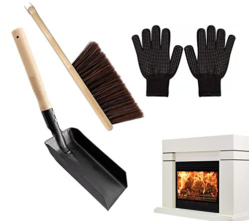 Shovel For Fireplace Metal Shovel And Brush Set Long Wooden Handle Shovel Fireinside Dust Ash Pan With Black Silicone Gloves Garden Dustpan Coal Shovel Fireplace Cleaning Set