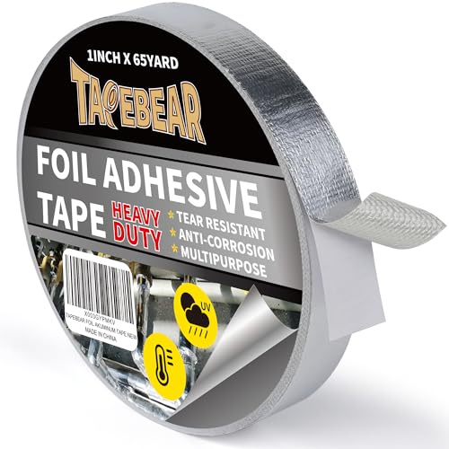TAPEBEAR Ruban Adhésif En Aluminium Renforcé, Ruban Adhésif En En Fibre De Verre, Bande Haute Températures, Résister à 80°C à 100°C，Pour Réparation, 1inch X 65yard, Argent