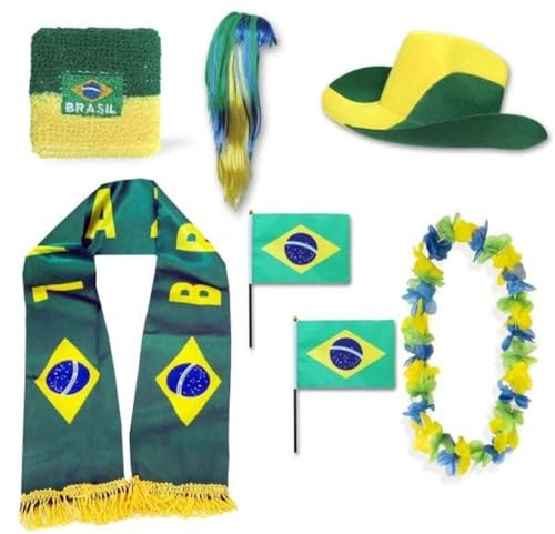 Sonia Originelli Fan-Set Brasilien Fan-Set 1 XXXL Langhaar - Brasilianische Fanartikel EM WM Fußball Party Karneval