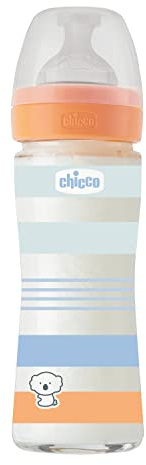CHICCO BABYFLÄSCHCHEN WELL-BEING GLAS, 240 ML, NORMALER FLUSS, 0M+ SILIKON, BLAU