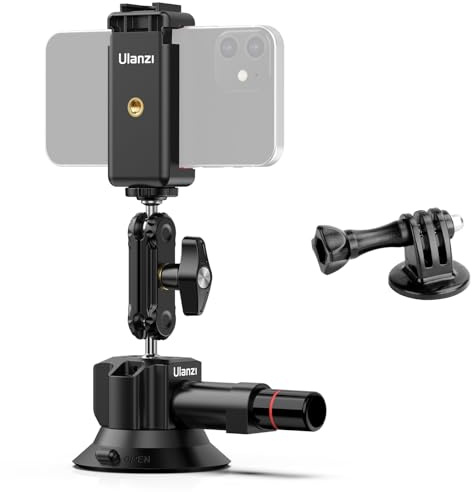 UURig SC-01 Suction Mount 3 for Vlogging Action Camera Car w Smartphone Clamp Compatible with DJI OSMO Pocket 3 Insta 360 x5 iPhone 16 15 14 13 Pro Max, 1/4 Magic Arm Adapter Car Windshield Window