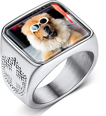 Custom4U Personalisierter Herren Damen Siegelring mit Gravur Edelstahl Männer Jungen Foto Fingerring mit Kreuz Symbol Biker Siegelring Bandring mit Farbbild/Schwarzes Bild Gravur Foto Geschenke