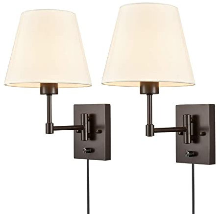 2 Stück Vintage Wandleuchte Innen mit Stecker und Schalter, Retro Verstellbare Wandlampe Bettlampe mit Kabel Wand-Leselampe,Weiß Stoff Schirm, E27 Industrial Lampe für Wohnzimmer Schlafzimmer,Schwarz