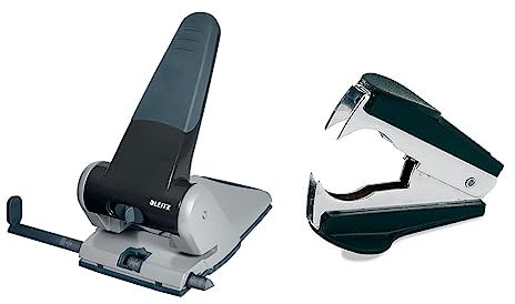 Leitz Extrastarker Registraturlocher aus Metall, Für 65 Blatt, Großer Locher für das Büro, Anschlagschiene mit Formatangaben, Ergonomisches Design, schwarz & Rapid Entklammerer C2 (Metall) schwarz