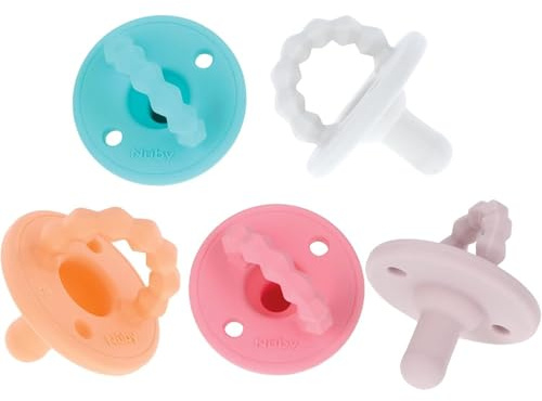 Nuby Softees - Ciuccio in silicone per neonati, massaggiagengive – Confezione da 5 – Fin dalla nascita – lenisce il bambino