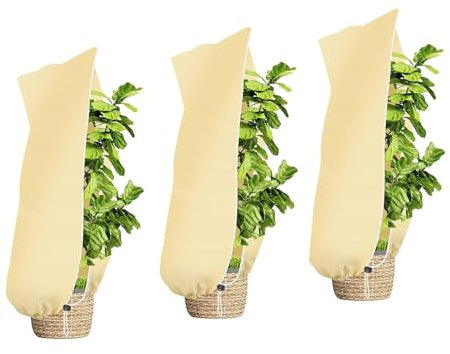 3 Piezas Saco Cubre Plantas Invierno, Cubiertas de Protección Contra Heladas de Plantas 100x80 cm, Bolsas de Protección Vegetal con Cremallera y Cordón, para la Protección de Plantas Contra el Frío