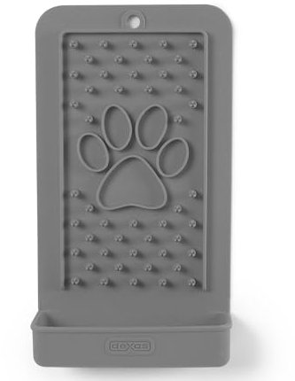 Dexas Snack & Distract Leckmatte mit Auffangschale für Hunde und Katzen, 12,7 x 22,9 cm, Hellgrau, Haftet auf den meisten glatten oder glatten Oberflächen, lindert Angstzustände, verhindert