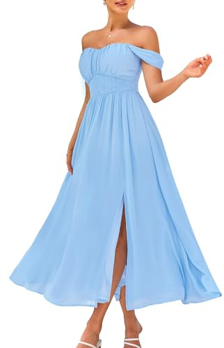 2025 Women's Summer Off Shoulder Floral Flowy A Line Maxi Dress Light Blue M