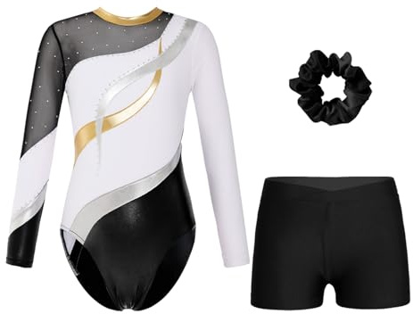 Oyolan Mädchen Kinder Gymnastikanzug Turnanzug Glitzernde Gymnastikbody Langarm Turntrikot mit Kurze Hose Tanzkostüm Weiß schwarz B 134-140