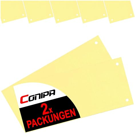 Conipa® - 200 Stück Trennstreifen für Ordner DIN A4 Gelb (MADE IN GERMANY) gelocht - Trennblätter aus RECYCELTEN KARTON (240x105mm) - Trennlaschen & Trenner zur Unterteilung schmal - Abtrennen Pappe