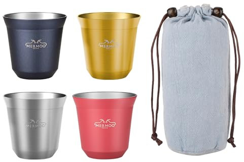 MERMOO YILAN Lot de 4 tasses à expresso avec sac de transport - 4 couleurs pour l'ambiance et l'extérieur - Gobelets incassables en acier inoxydable 80 ml