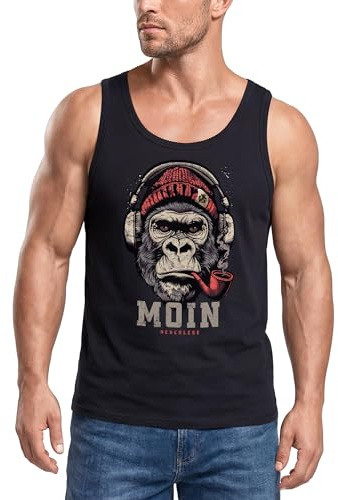 Neverless® Herren Tank-Top Shirt Moin Schriftzug Gorilla Musik Aufdruck Brustprint Printshirt Sommer Muskelshirt Schwarz XXL