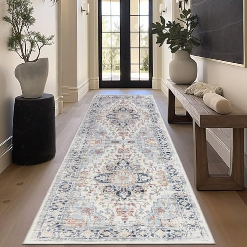Homcomodar Vintage Läufer Teppich für Flur 80x200cm Waschbare Distressed Kitchen Läufer Teppiche mit Gummirücken Boden Teppich Läufer für Flur Wohnzimmer(Blau)