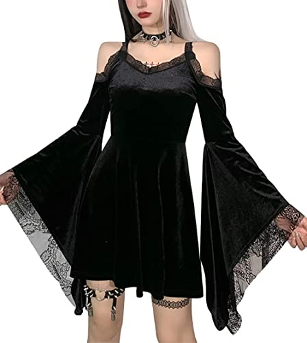 YINGWIN Velvet Mini Dress-Gothic Dress for Women V-Neck Lace Evening Dresses with Off the Shoulder Punk Style Womens Party Dresses