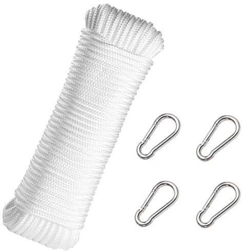 CuiCanfla Cuerda de nailon para bandera de 20 m para casa y exterior, accesorio para mástil de bandera, cuerda (blanco), resistente a la intemperie con 4 mosquetones, para ganchos, asta de bandera,
